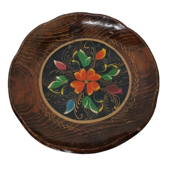 Vintage Mexican Batea Folk Art Round Wood Floral Hand Painted Tray BOHO - Picture 1 of 6